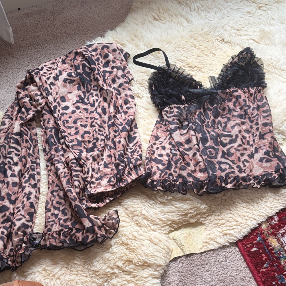 Leopard Print Lace Trim Sleepwear Set